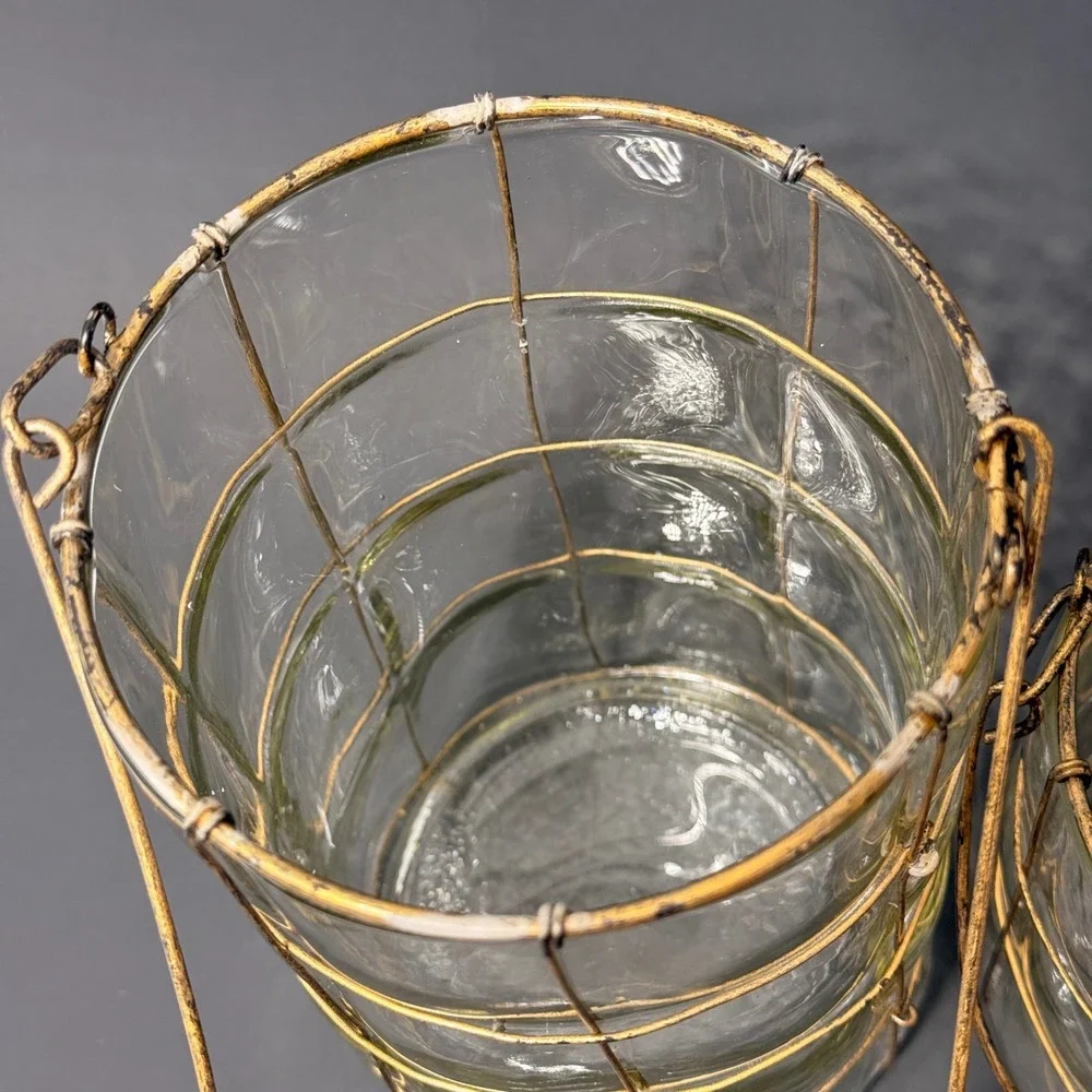 Rustic Wire Cage Glass Cylinder Vases Set of 2 Hurricane Candle Holders Gold